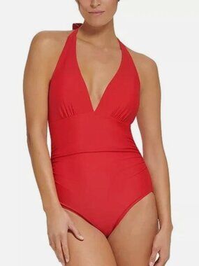 NWT Tommy Hilfiger Women's Ruched Halter Tummy-Control One-Piece Swimsuit